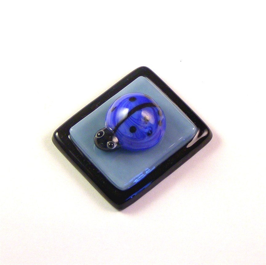 Fused Glass Magnet Cute Blue Lampwork Ladybug on Light Blue and Black Glass