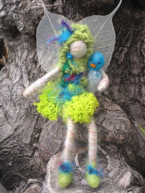 Wood Fairy with small Blue Bird, Original design by Borbala Arvai