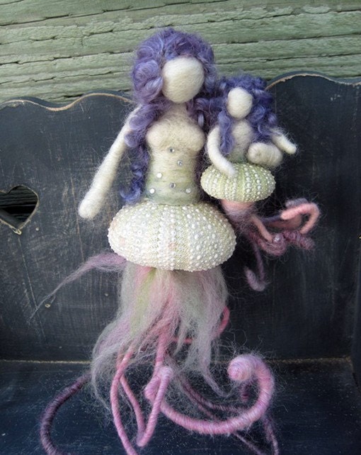 MADE to order - Needle Felted Sea Urchin Mermaid Mama with Baby Girl, limited edition, Original design by Borbala Arvai