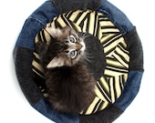 Purrocco One-of-a-kind Moroccan-inspired Cat Bed, Upcycled Denim and Wool Sweaters - Black, Beige and Olive Stripe