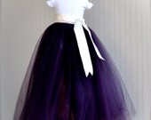 Flower Girl tutu in eggplant aubergine tulle with satin waist. Full length tulle skirt. Your choice of ribbon color.