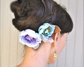 Soft  flower hair clips in lavenders and teal aquas with matching centers. Vintage velvet leaf accents. Ready to ship.
