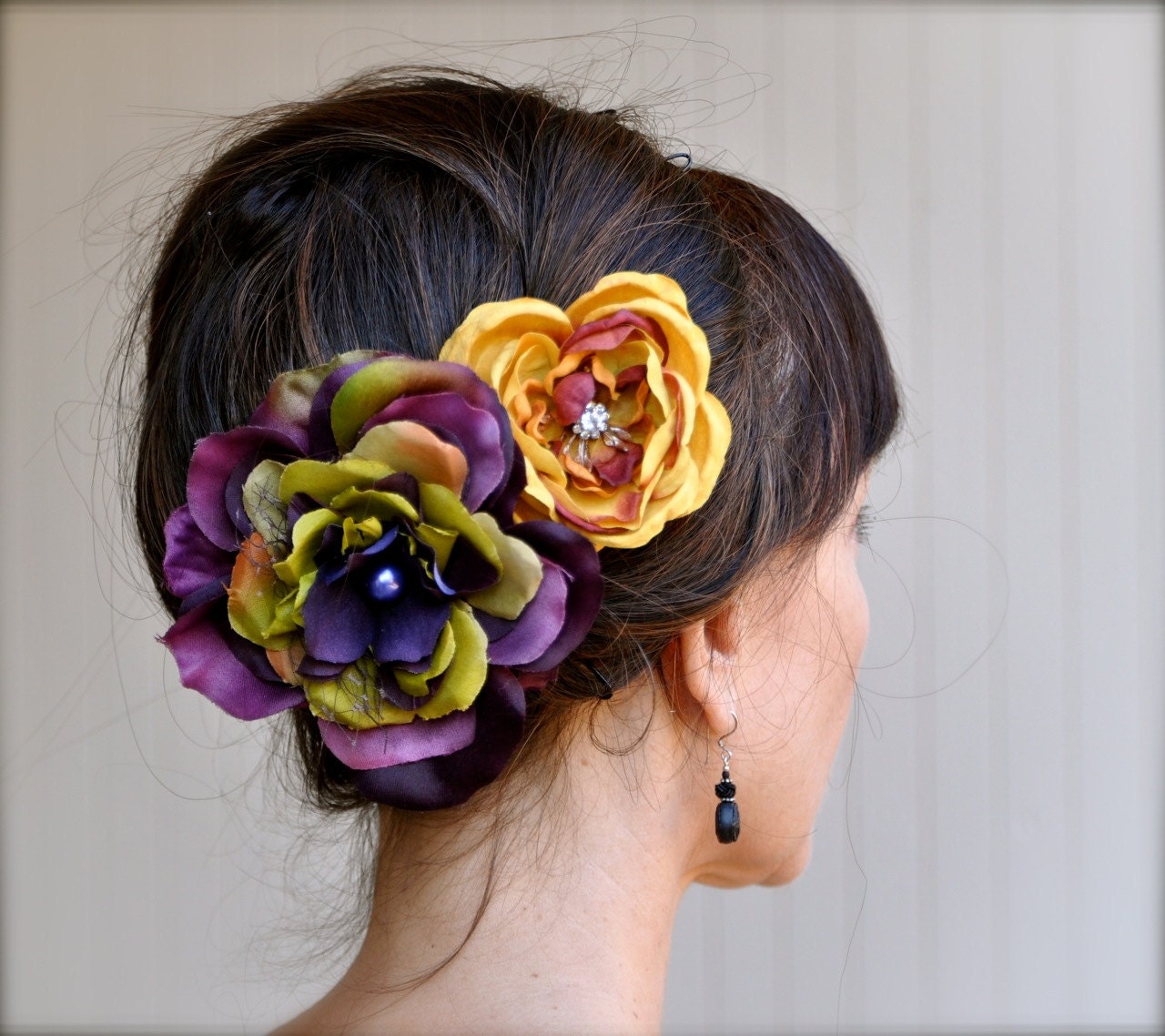 Summer Carnival Flower hair clips in deep purple, yellow, rust and olive greens. Pearl and rhinestone centers.