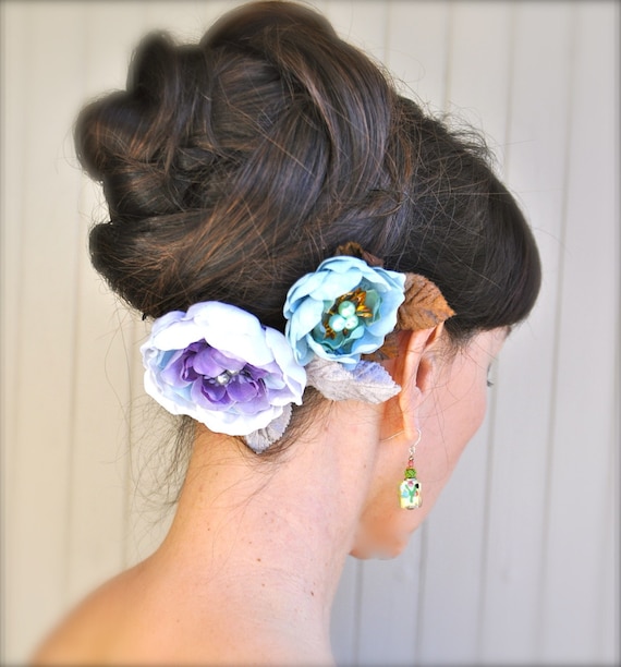 Pastel spring flower hair clips in lavenders and robin's egg blue  with matching centers