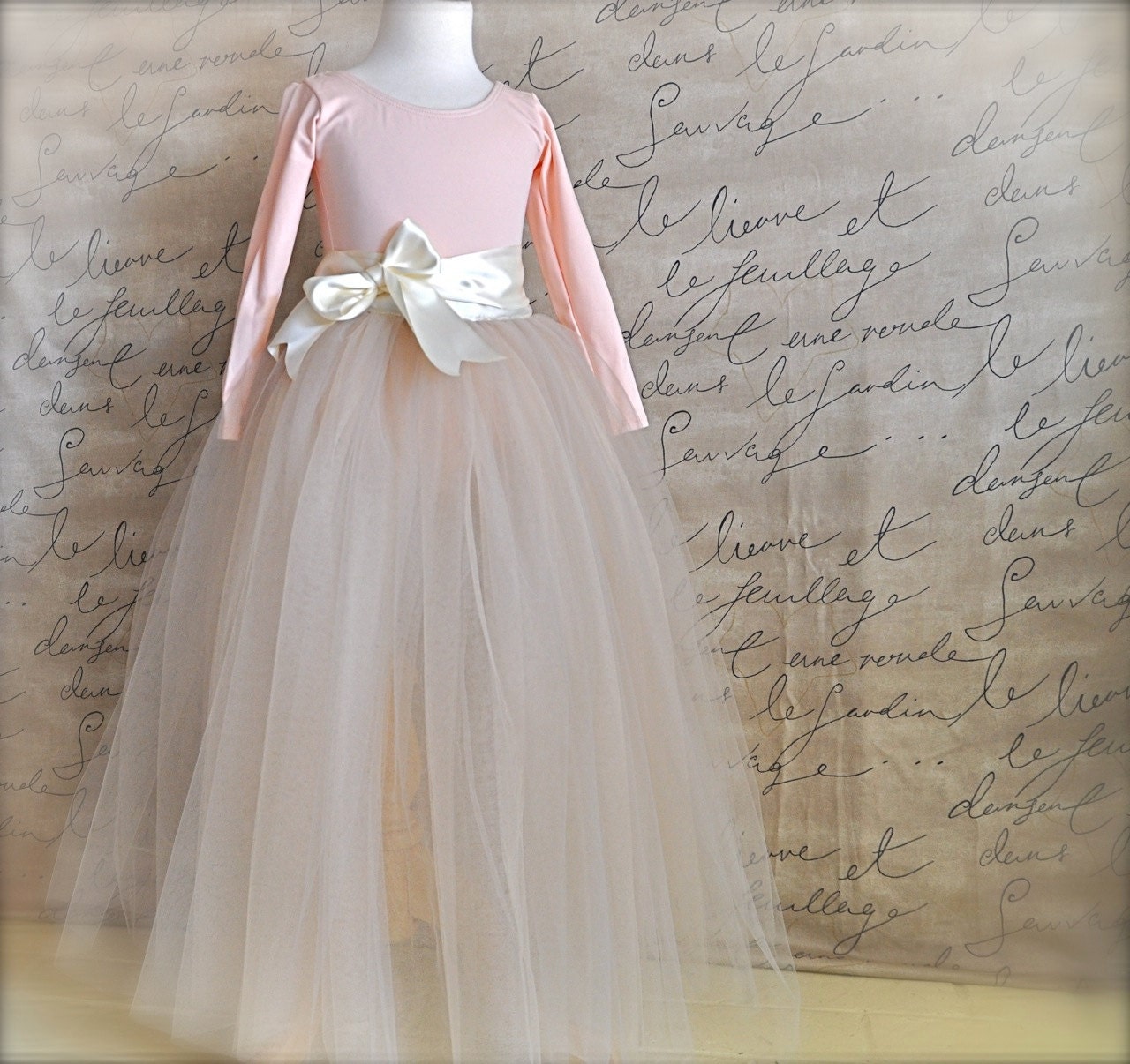 Flower Girl tutu in champagne and honey beige tulle sashed with ivory satin.