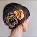 Summer Carnival Flower hair clips in deep purple, yellow, rust and olive greens. Pearl and rhinestone centers.