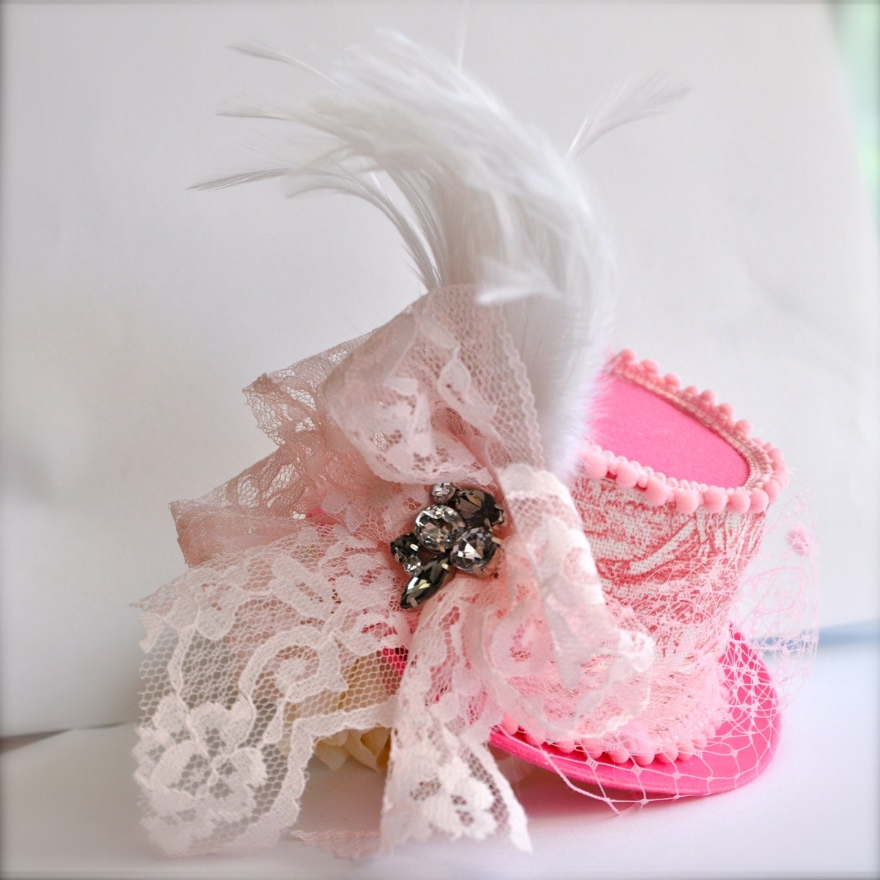 Pink French mini top hat sale- for girls or women-- rhinestones, French toile, lace and white feathers. Ready to ship