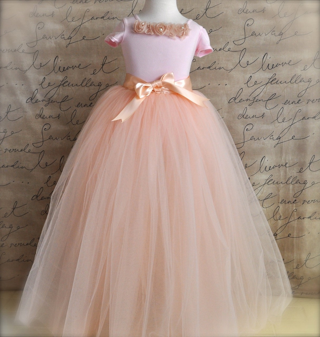 Princess Flower Girl Tutu in vintage pink with toffee ribbon. Reserved for Marina.