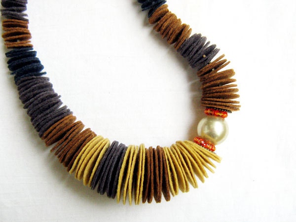 Found a Pearl Felt Necklace No4, in mustard yellow, brown and black, oversized pearl, Czech crystals - AlinaandT