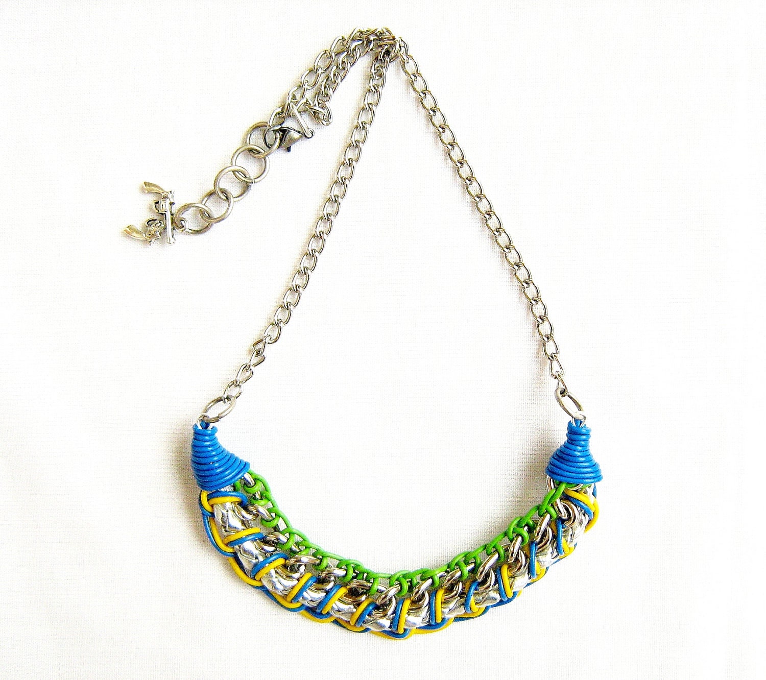 Neon  Woven Necklace - blue, green, yellow and chunky chains, Handmade Bib Necklace
