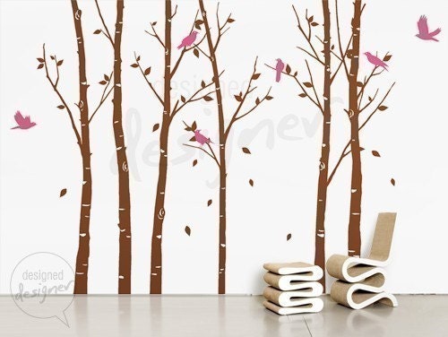Vinyl Wall Decal Sticker Art - Birds in the Urban Forest 101in tall 6 leafy trees - Large - dd1014