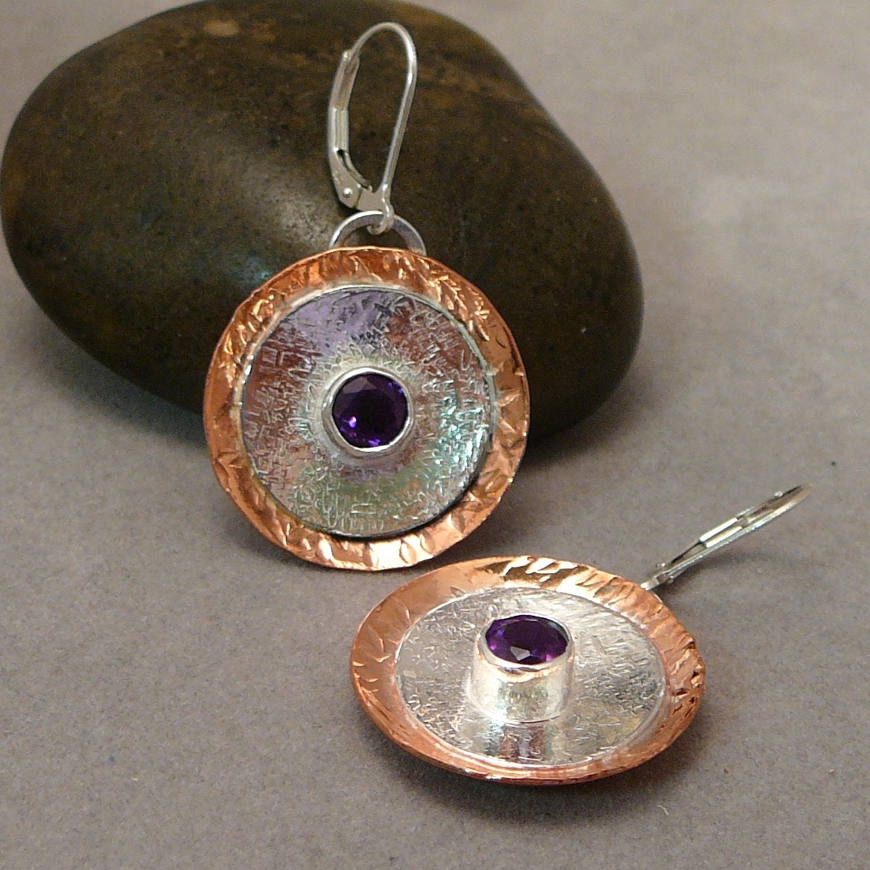 Amethyst in sterling silver and copper earrings