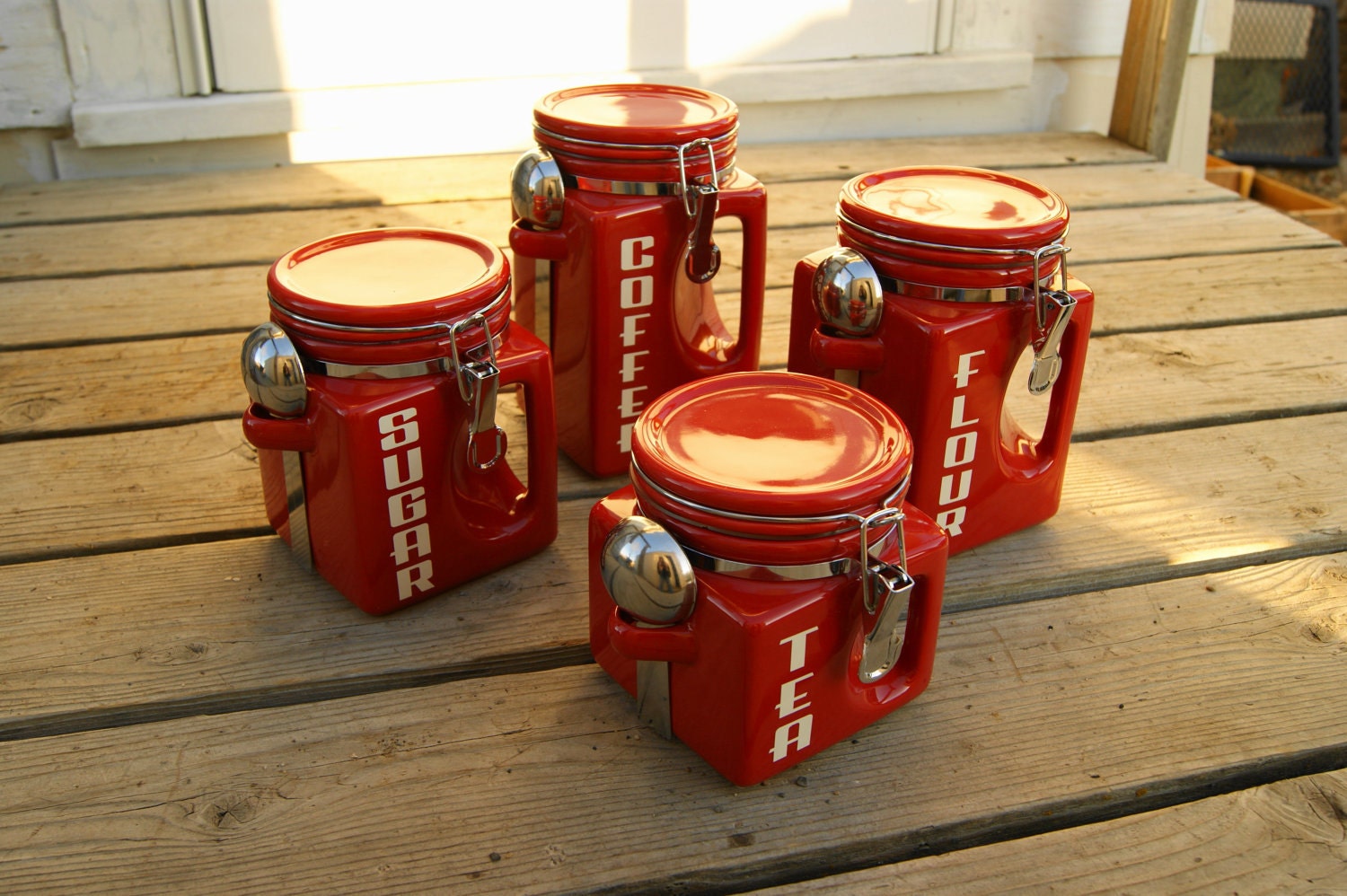 Ceramic Kitchen Canister set Red Coffee Tea Sugar Flour Jars Cans Retro