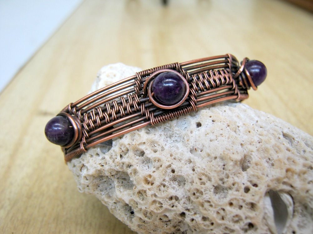 Ode to Lisa, wire woven cuff  bracelet with amethyst