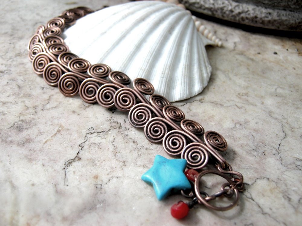 egyptian coil bracelet in copper with turquoise and coral