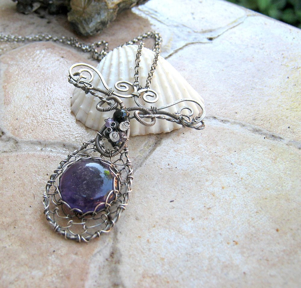 amethyst necklace in sterling silver with moonstone and onyx