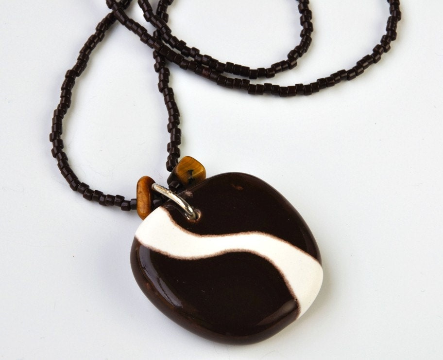 ceramic pendant and beaded necklace - dark chocolate brown curve
