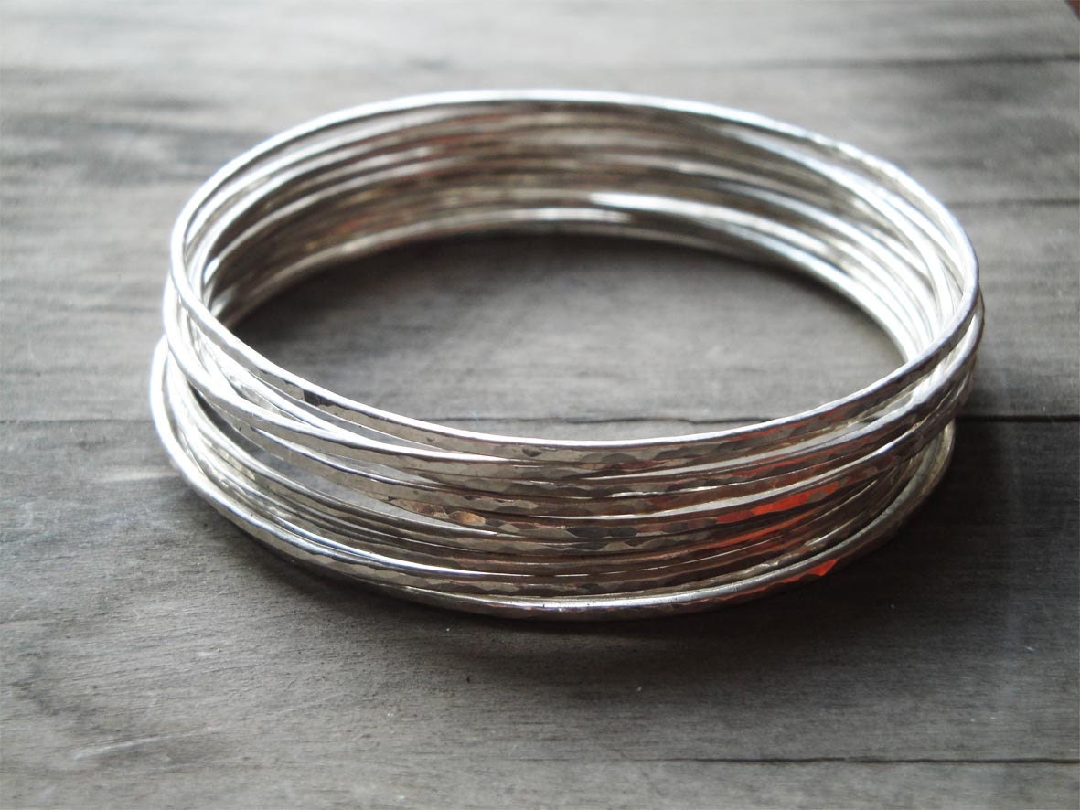 hammered sterling silver bangle bracelets: set of 10 - katerinaki1977