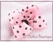 LARGE PINK WITH BROWN POLKA DOT SASSY BOUTIQUE HAIR BOW