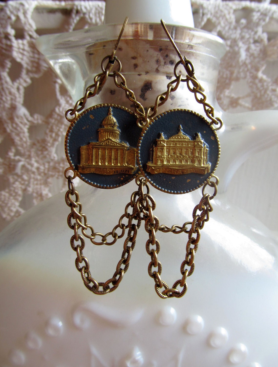 Blue Parisian - Vintage Upcycled Repurposed Earrings - Paris Souvenir Bracelet