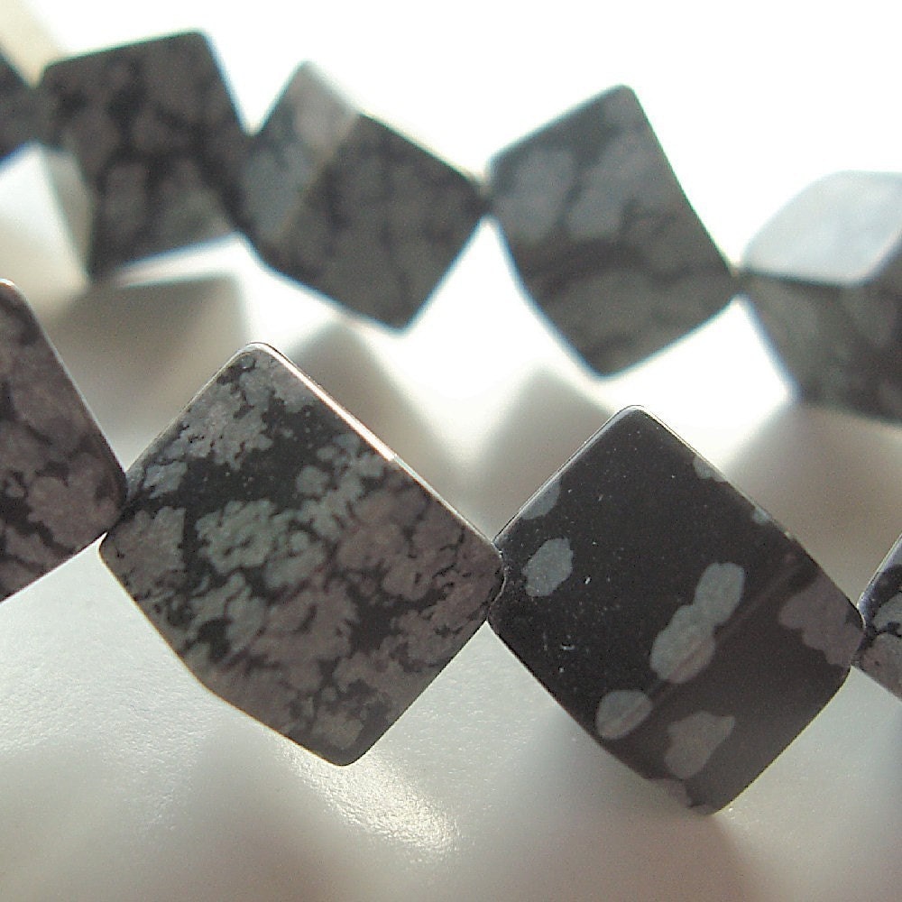Obsidian Beads 8mm Black Gray Spiderweb Snowflake Square Cube Dice - 6 Pieces
