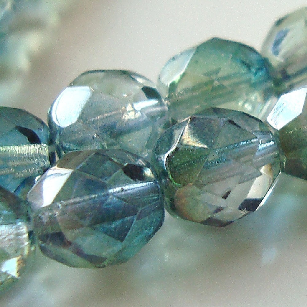 Czech Glass Beads 8mm Faceted Two Tone Teal Green Rounds - 12 Pieces