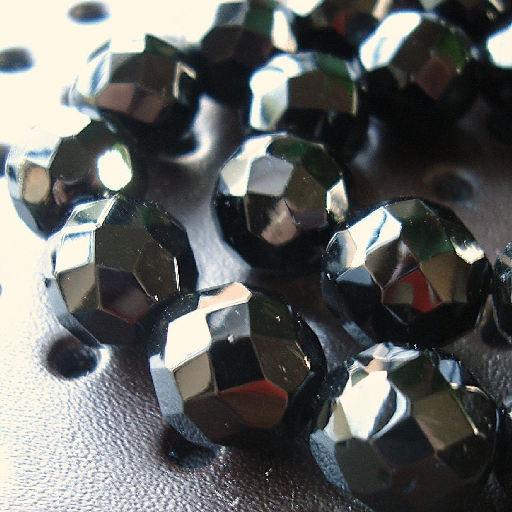 Czech Glass Beads 10mm Faceted Opaque Jet Black Rounds - 8 Pieces