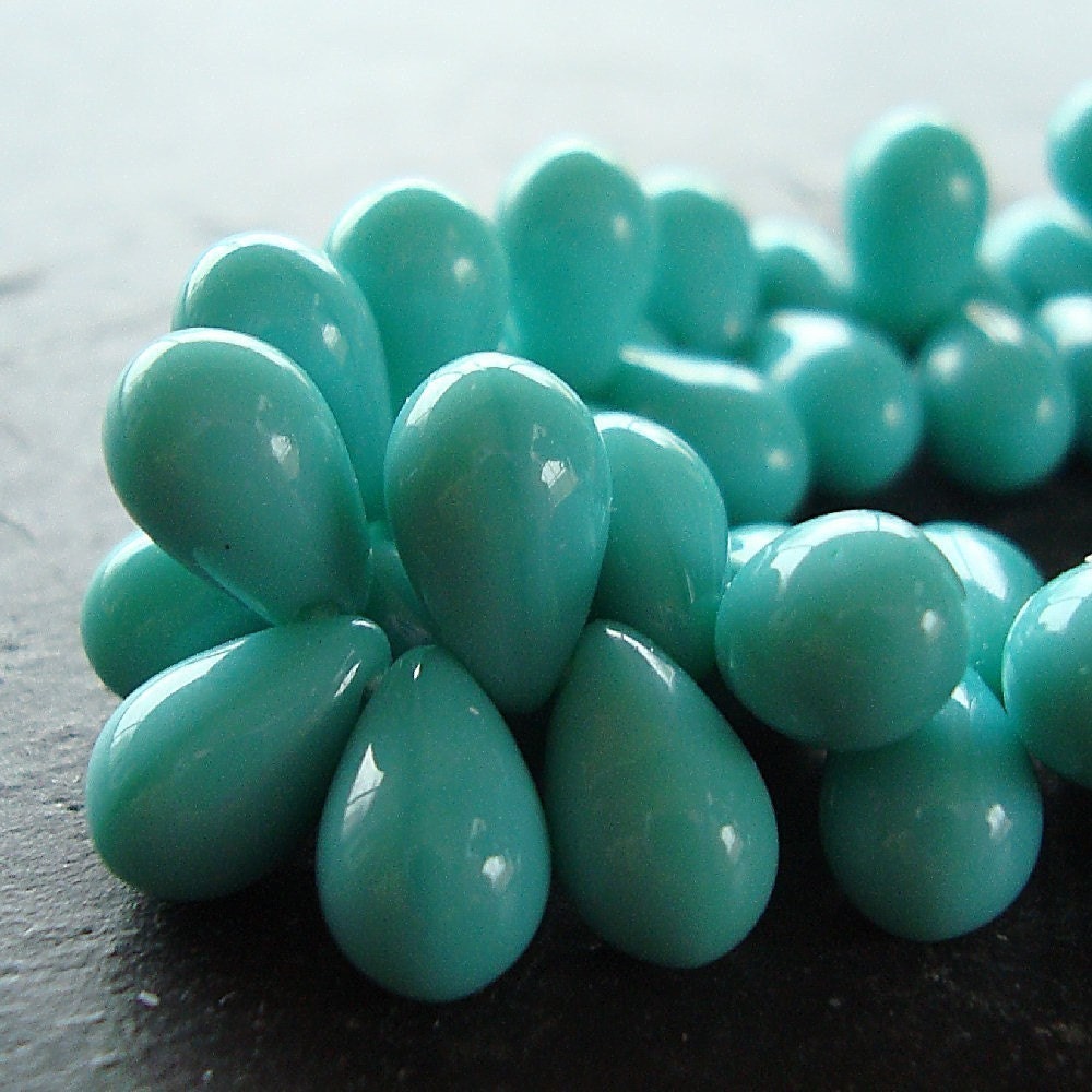 Czech Glass Teardrop Beads 9 x 6mm Smooth Opaque Turquoise - 50 Pieces