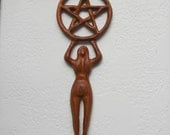 Goddess with Pentacle-Drawing Down the Moon Sacred Feminine Wood Carving