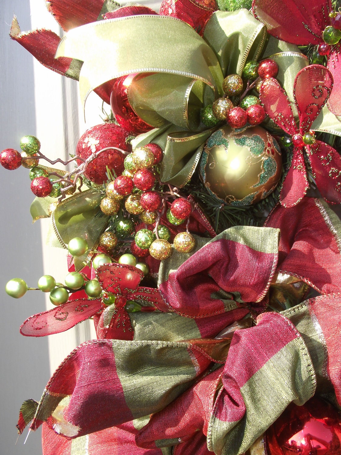 Winter Red and Green Fairies and Dragonflies Noel Door Wreath by English Rose