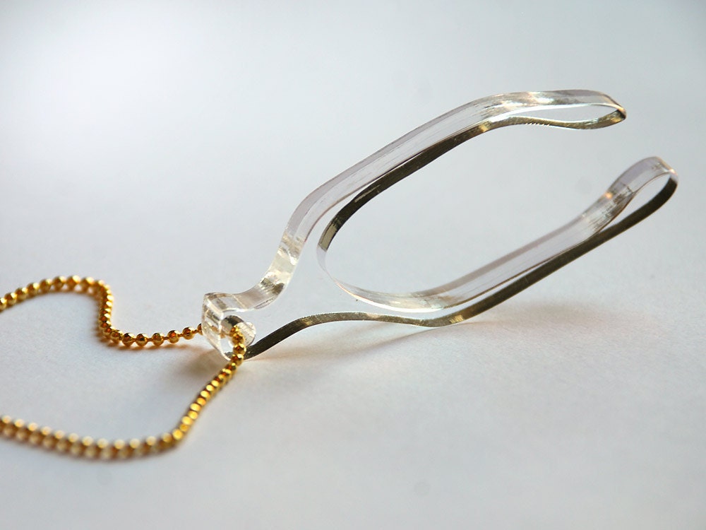 Wishbone Necklace - Clear Laser Cut Acrylic - Translucent Pendant - Long Gold Chain