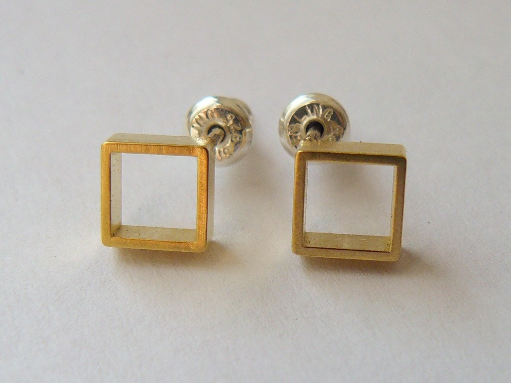 Gold Stud Earrings - Tiny Simple Square Geometric Studs - Sterling Silver Posts