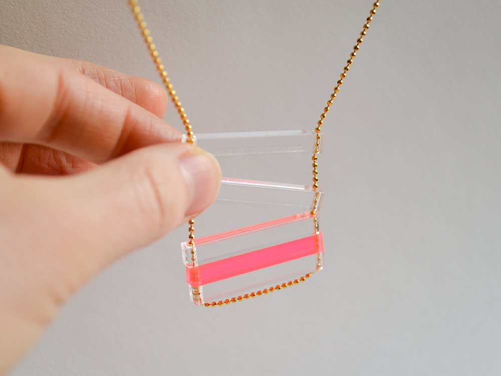 Neon Pink and Clear Thin Stacked Bar Necklace - Lasercut Acrylic - Neon Fall Fashion - Stripes