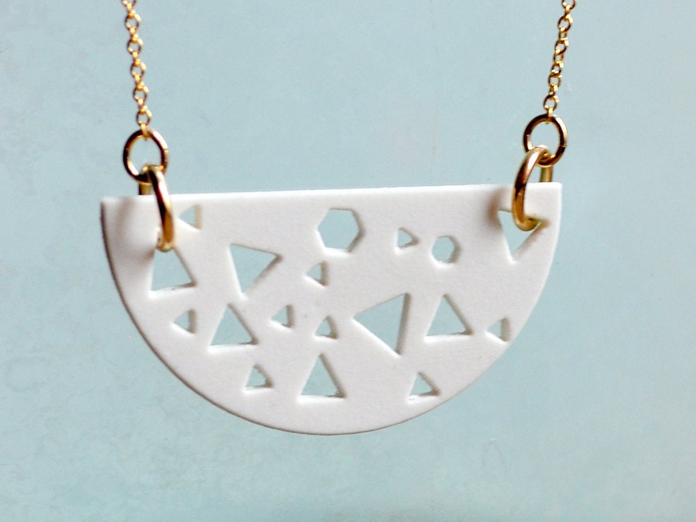 80's Style Porcelain Cut Out Necklace - Laser Cut Hexagon Triangle - Gold Chain