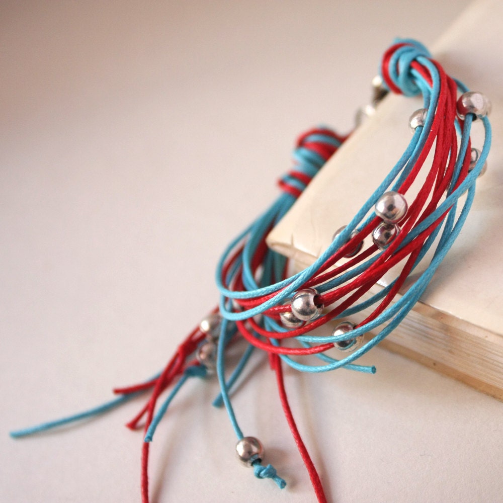 red turquoise silver bracelet - waxed cotton - unisex  - other custom colors
