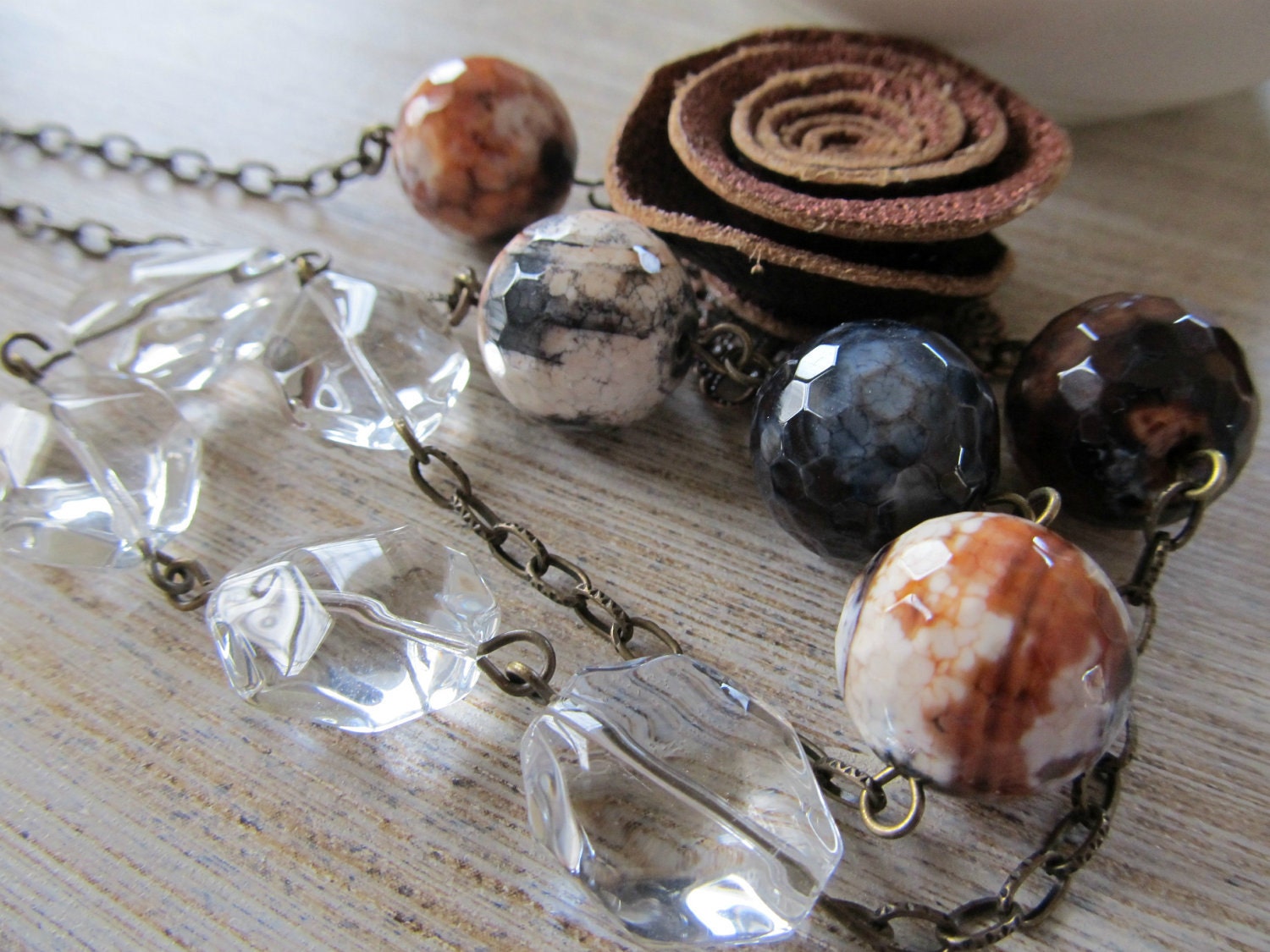 Metallic leather necklace, leather flower necklace, statement, bold, agate, faceted glass necklace