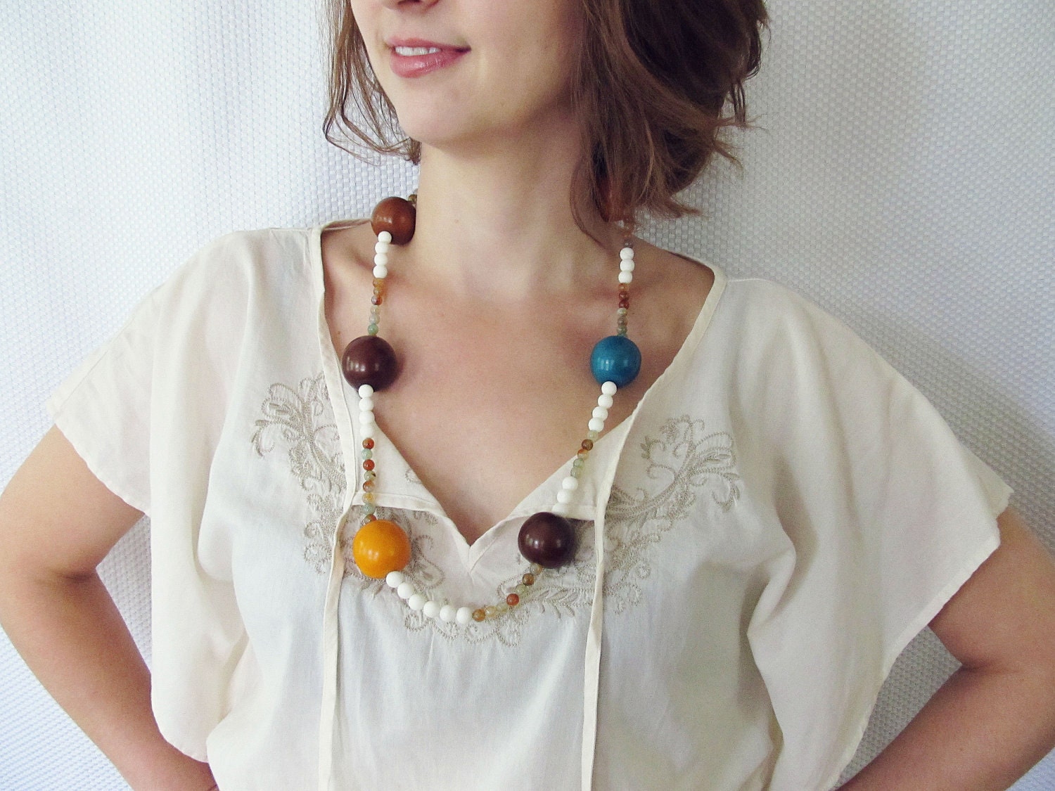Beaded necklace - Long, handmade necklace, Tagua nut necklace, white sea fossil and crackled teal agate