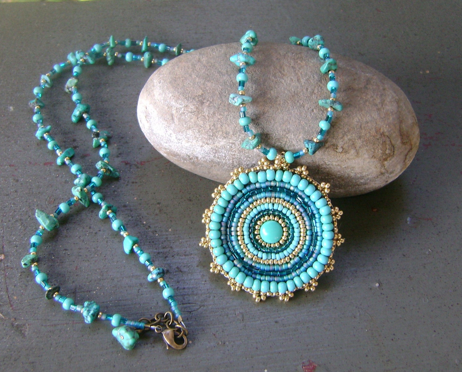 Turquoise Bead Embroidered Necklace