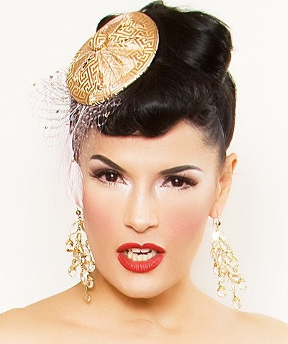 Light Pink & Gold Geometric Satin Fascinator Hat veil feathers