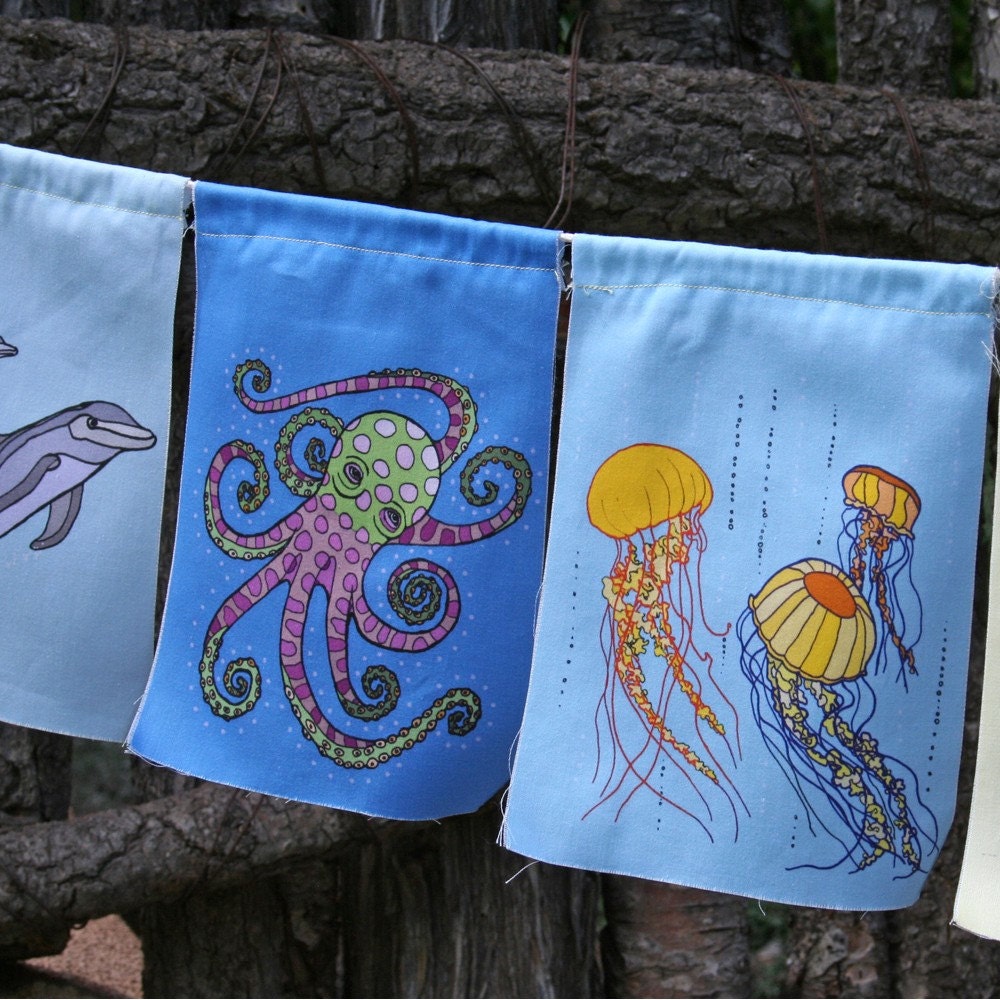 Sea Creatures Prayer Flags - nine flags by Miranda Gray