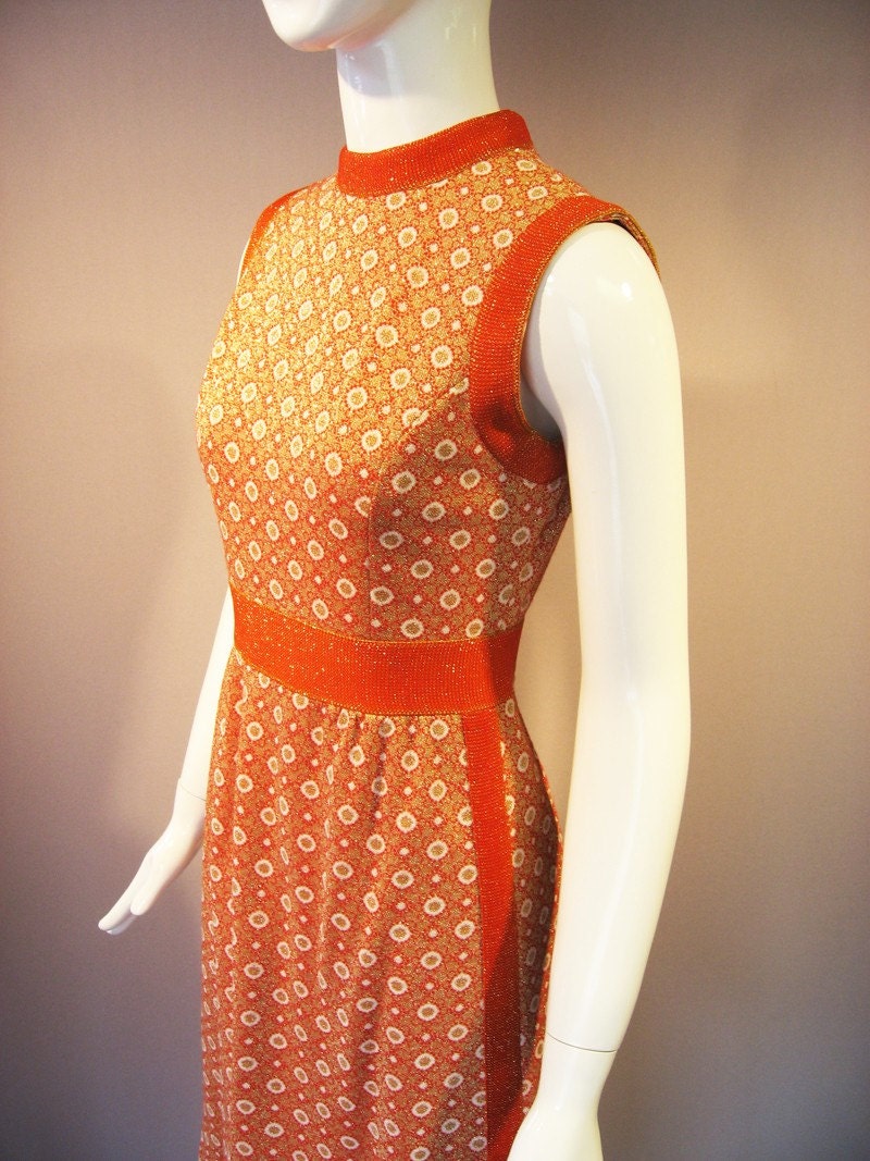 vintage orange and gold metallic 1970's dress