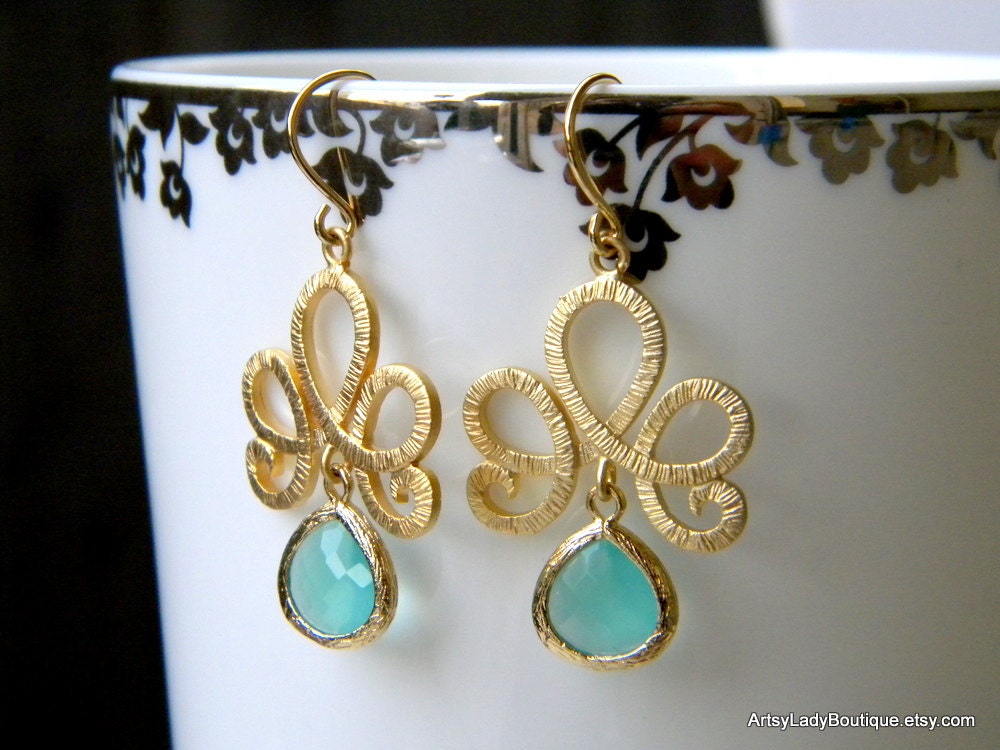 Sea Foam and Peacocks - Gold Earrings
