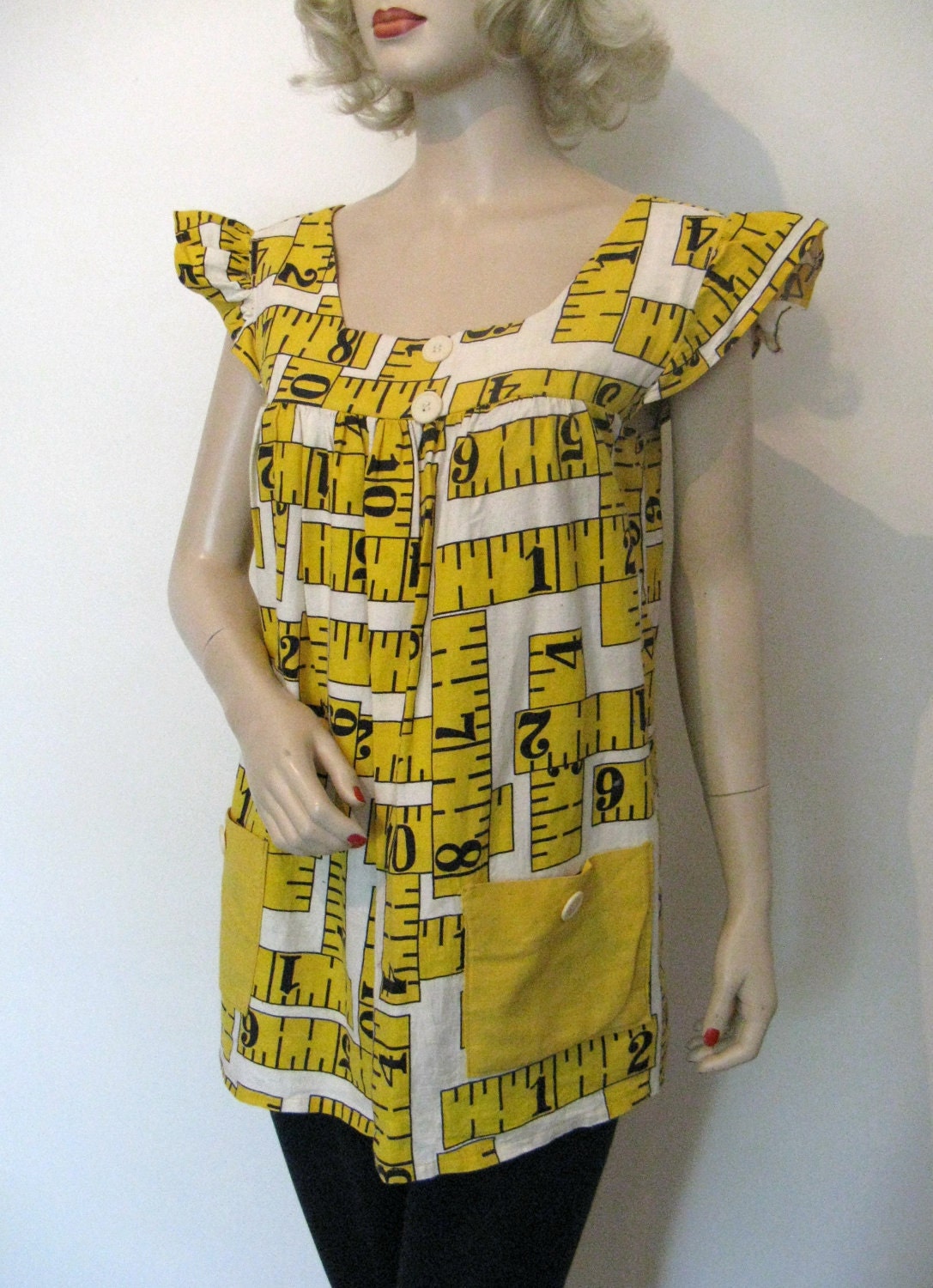 Vintage 60s 70s Handmade Smock, Fun Black & Yellow Tape Measure Print, Size  6 to 8