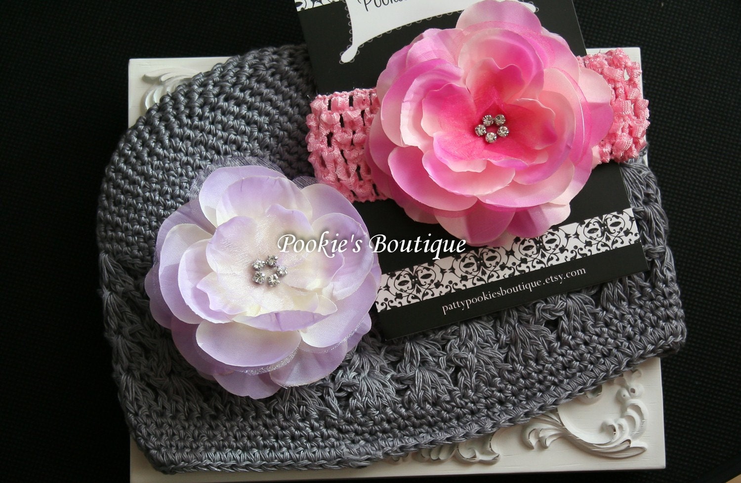 Grey Toddler Crochet Beanie, Headband Duo...with Lilac and Pink  Flower Hair Clips