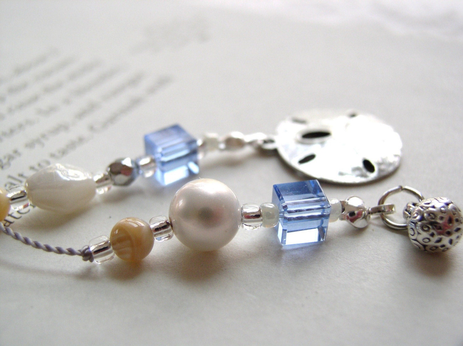 Summer Serenity Sand Dollar Book Thong - Beaded Bookmark with Pearl and Beach Sea Blue Cubes and Sterling Silver Accents