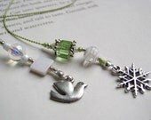 Delicate Dove Bookmark - Beaded Book Thong in Lime Green, White, and Silver with Snowflake and Dove Charms or Personalize Charms You Pick