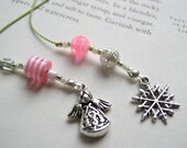 Angel to Watch Over You Bookmark - Beaded Book Thong in Bright Pink with Lime Green and Angel and Snowflake Charms