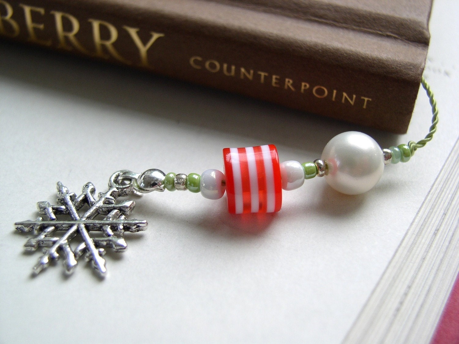 Snowflake and Ski Bookmark - Beaded Book Thong in Lime Green and Candy Cane Red with Pewter Charms