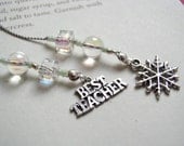 Best Teacher Bookmark - Beaded Book Thong with Snowflake Charm and Clear Crystal Beads