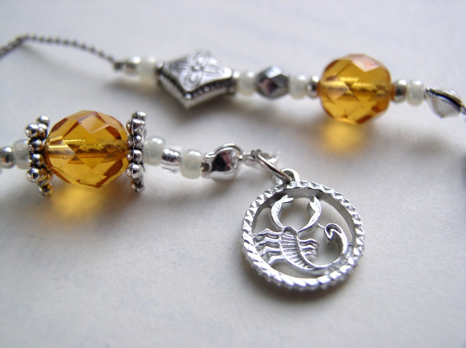 Zodiac Bookmark for NOVEMBER Scorpio in Silver and Citrine - Beaded Book Thong Personalized Birthstone with Initial Charm